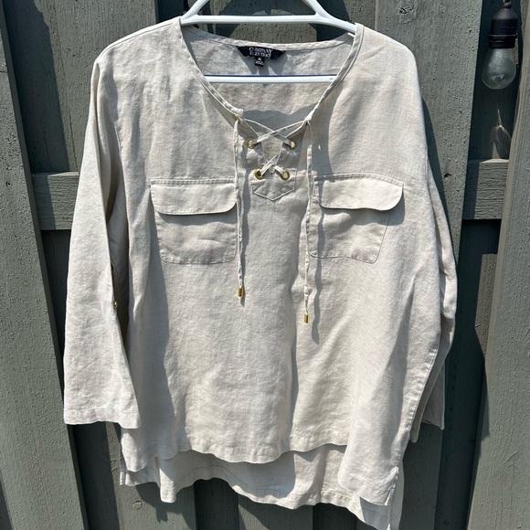Ellen Tracy Sandstone Linen Blouse with Lace-Up Detail - Picture 1 of 14